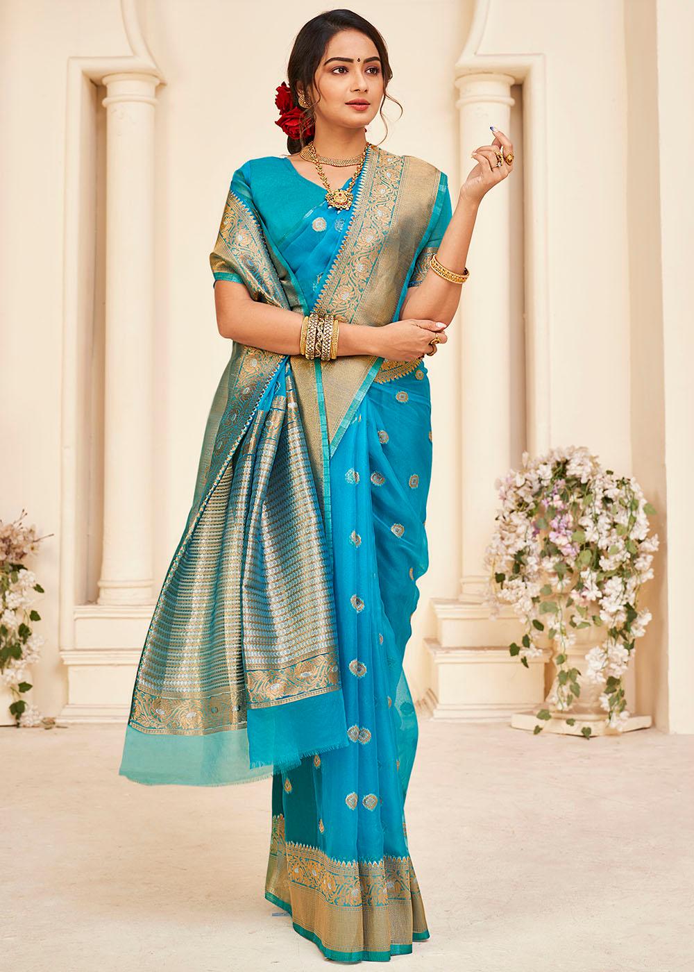 Cerulean Blue Zari Woven Organza Silk Saree | Stitched Blouse - qivii