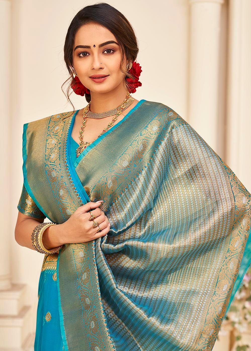 Cerulean Blue Zari Woven Organza Silk Saree | Stitched Blouse - qivii