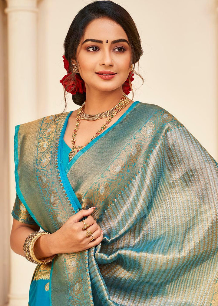 Cerulean Blue Zari Woven Organza Silk Saree | Stitched Blouse - qivii