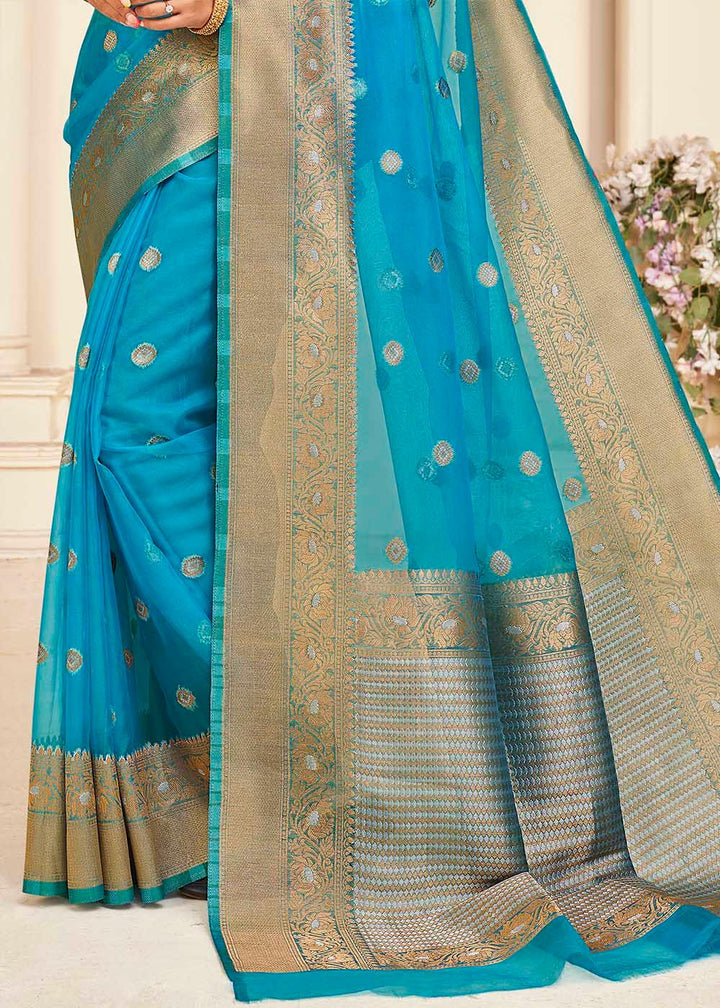 Cerulean Blue Zari Woven Organza Silk Saree | Stitched Blouse - qivii