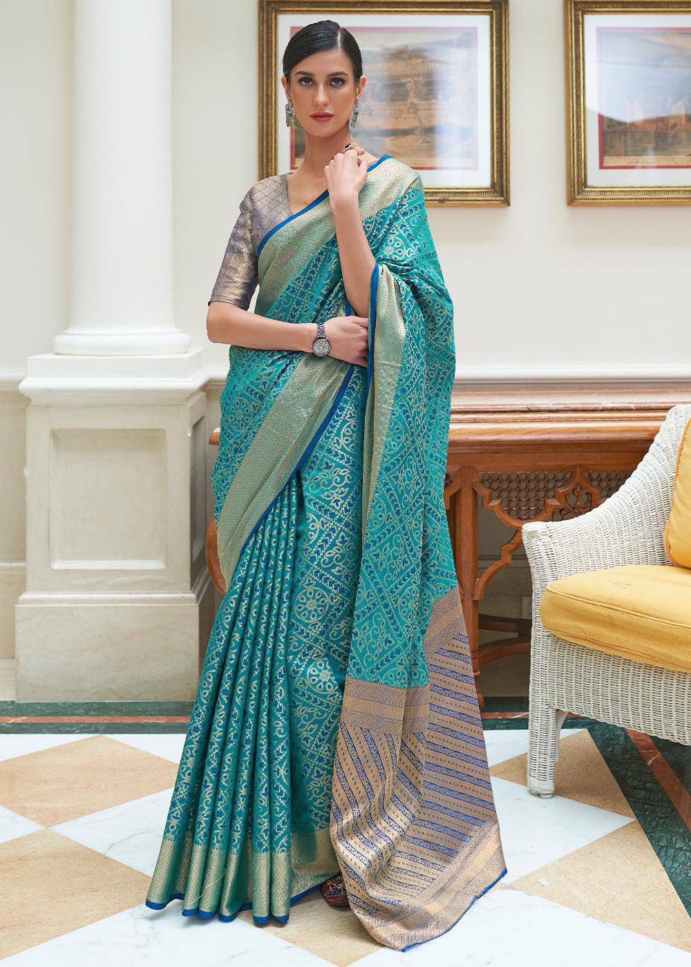 Cerulean Blue Zari Woven Patola Silk Saree | Stitched Blouse - qivii