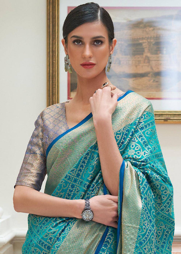 Cerulean Blue Zari Woven Patola Silk Saree | Stitched Blouse - qivii