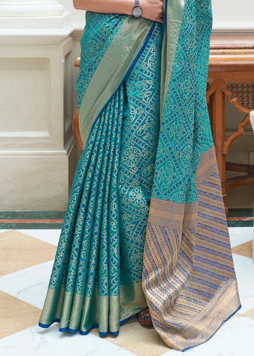 Cerulean Blue Zari Woven Patola Silk Saree | Stitched Blouse - qivii