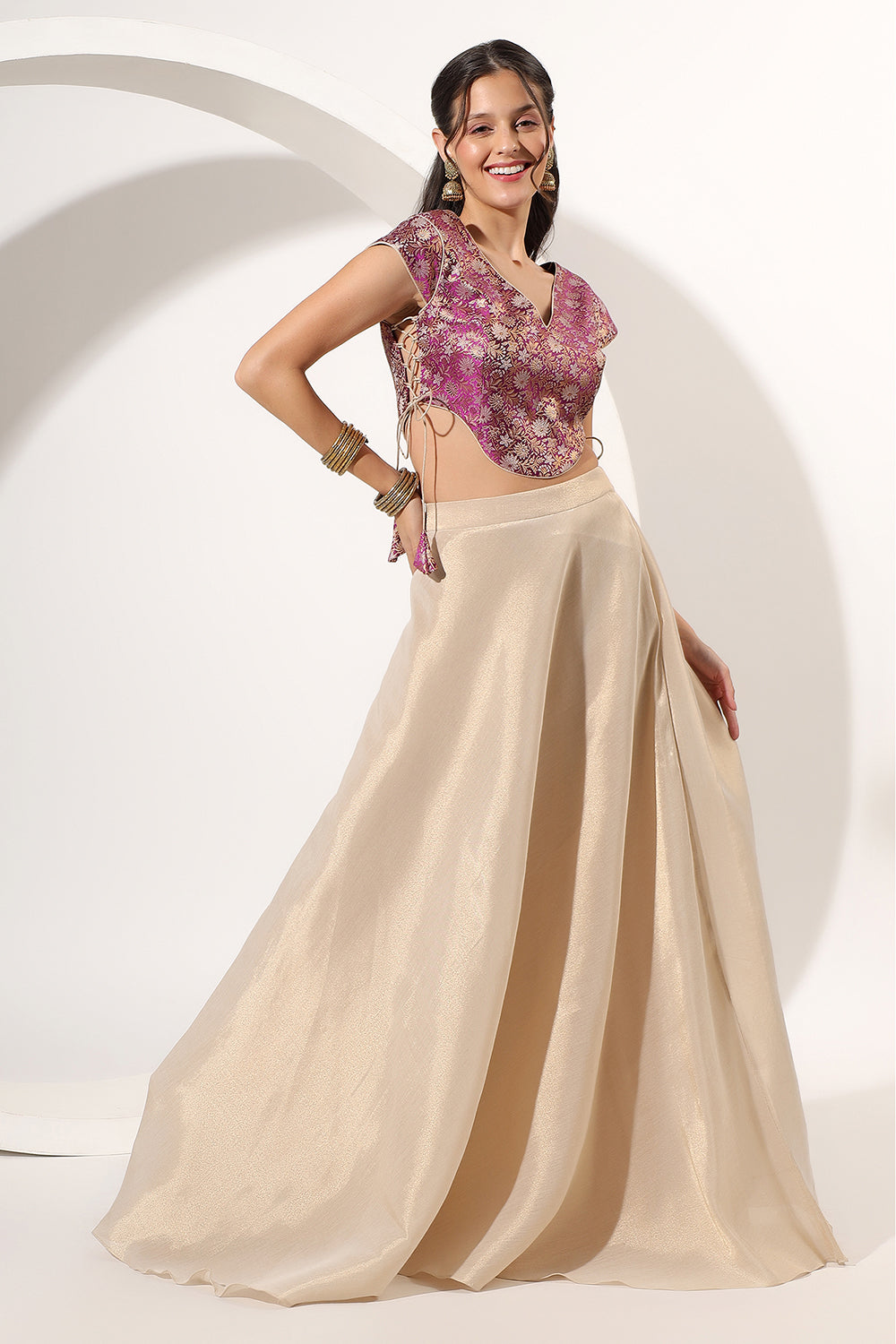 Gold Skirt Set with Brocade Crop Top