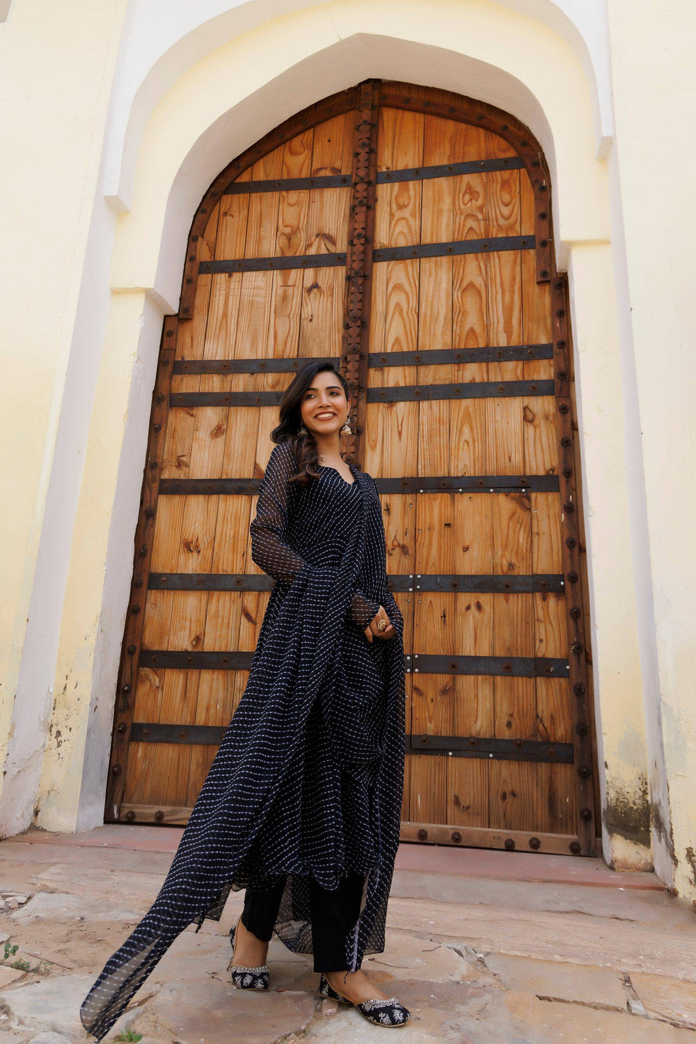 Charcoal Black Art Leheriya Kurta Set - qivii