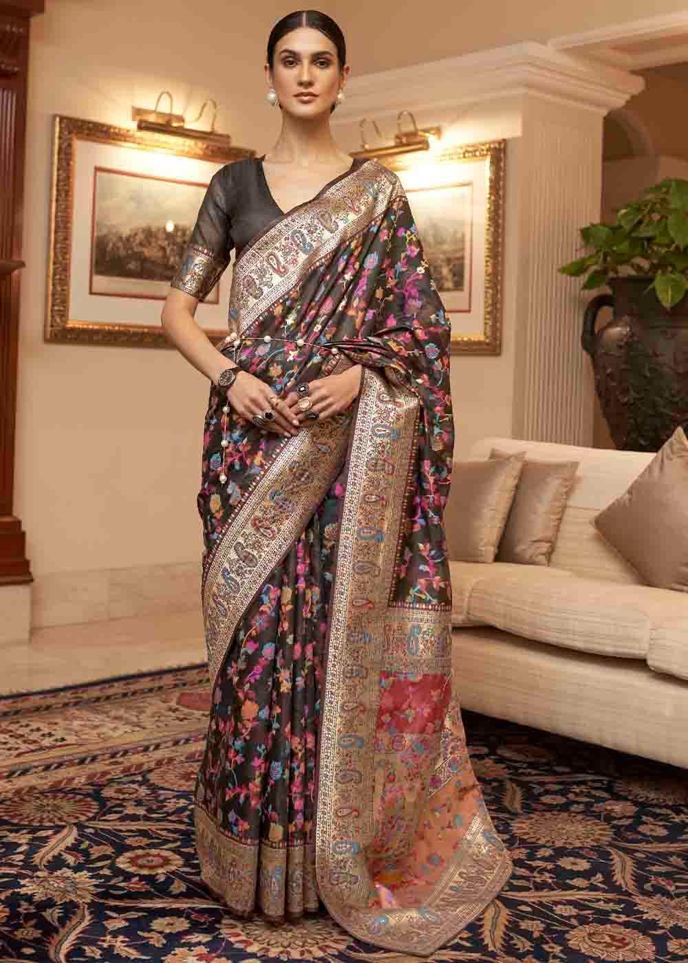 Charcoal Black Banarasi Jamawar Woven Silk Saree | Stitched Blouse - qivii