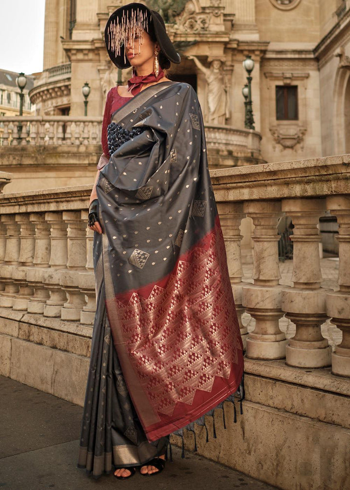 Charcoal Black Handloom Woven Soft Silk Saree - qivii