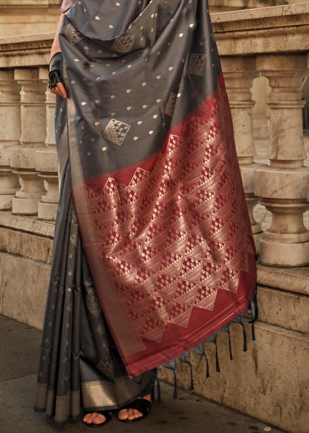 Charcoal Black Handloom Woven Soft Silk Saree - qivii