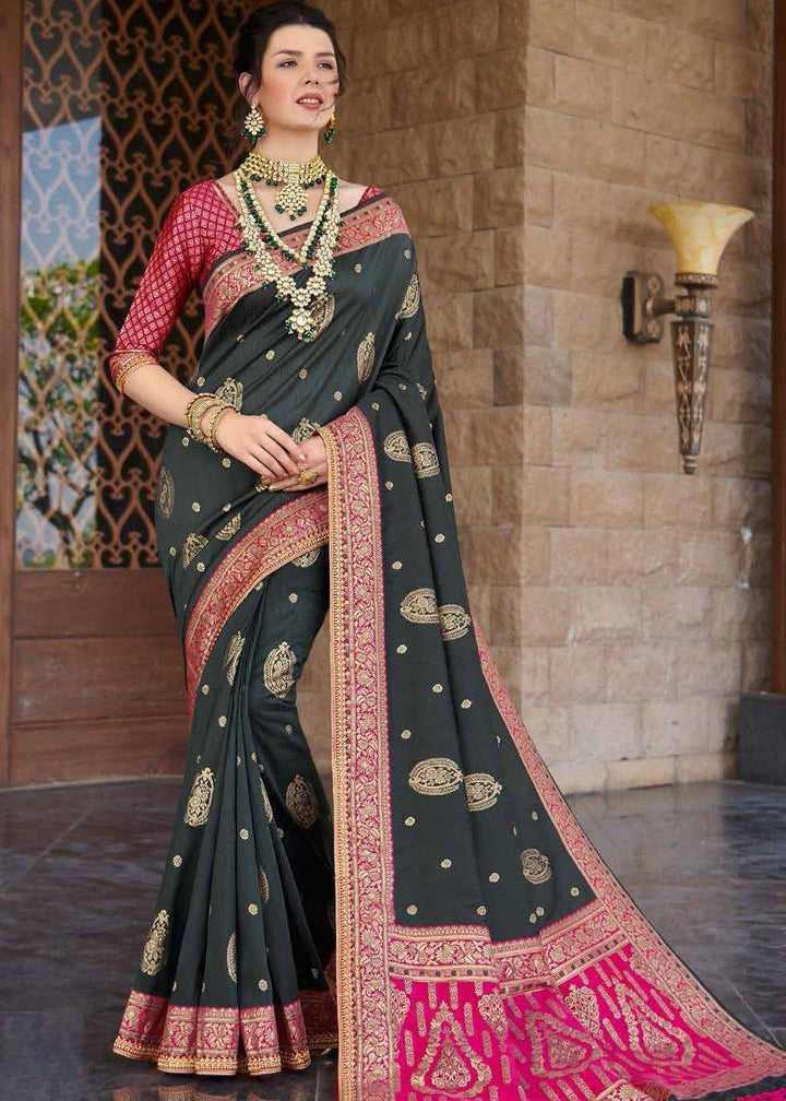 Charcoal Black Zari Woven Banarasi Silk Saree with Brocade Blouse | Stitched Blouse - qivii