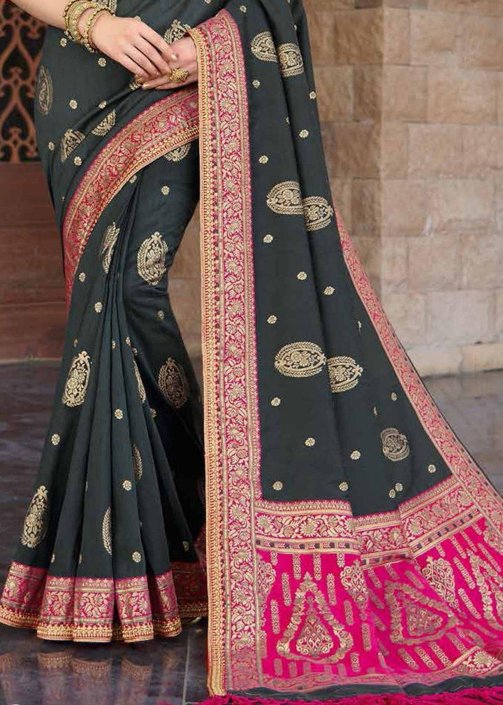 Charcoal Black Zari Woven Banarasi Silk Saree with Brocade Blouse | Stitched Blouse - qivii