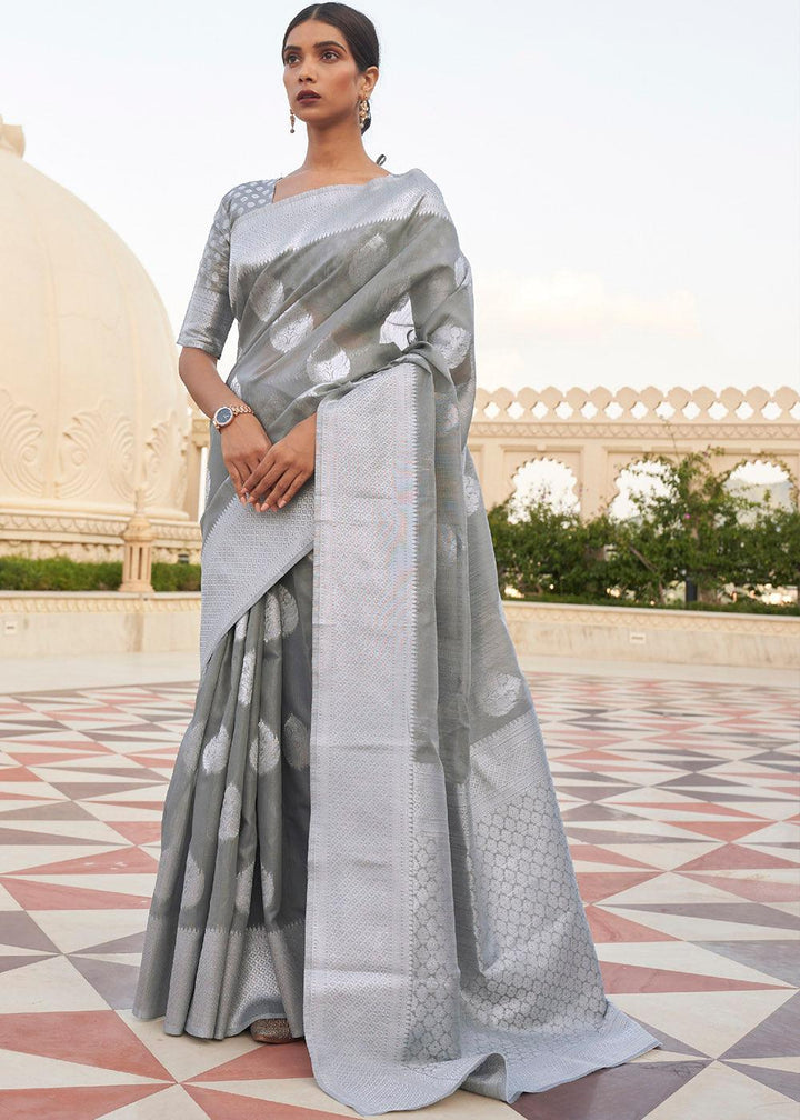 Charcoal Grey Woven Linen Silk Saree | Stitched Blouse - qivii