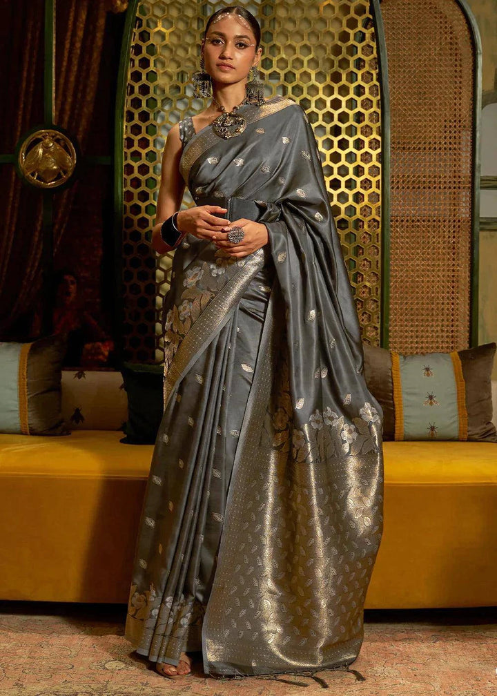 Charcoal Grey Zari Woven Satin Silk Saree | Stitched Blouse - qivii