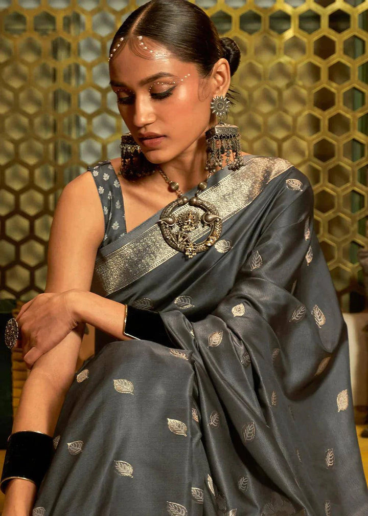 Charcoal Grey Zari Woven Satin Silk Saree | Stitched Blouse - qivii