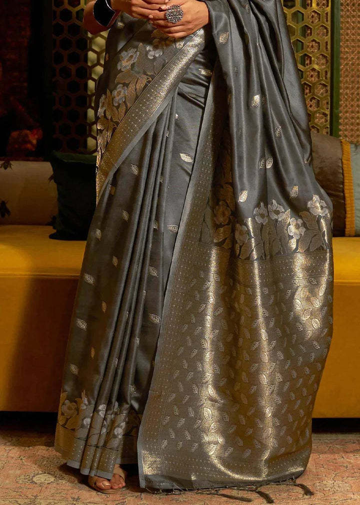 Charcoal Grey Zari Woven Satin Silk Saree | Stitched Blouse - qivii