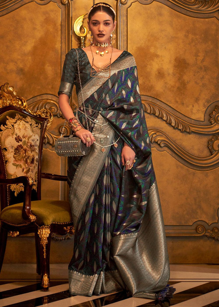 Charleston Green Handloom Woven Satin Silk Saree - qivii