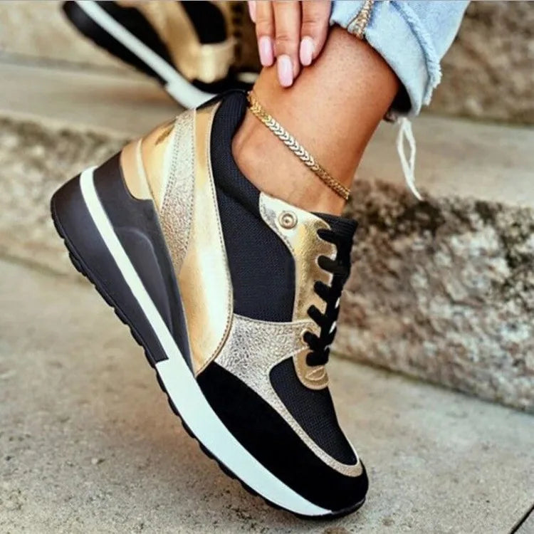 Charlotte women's trendy orthopedic sneakers by Hudson Ridge in gold, stylish and comfortable women's footwear with supportive design.