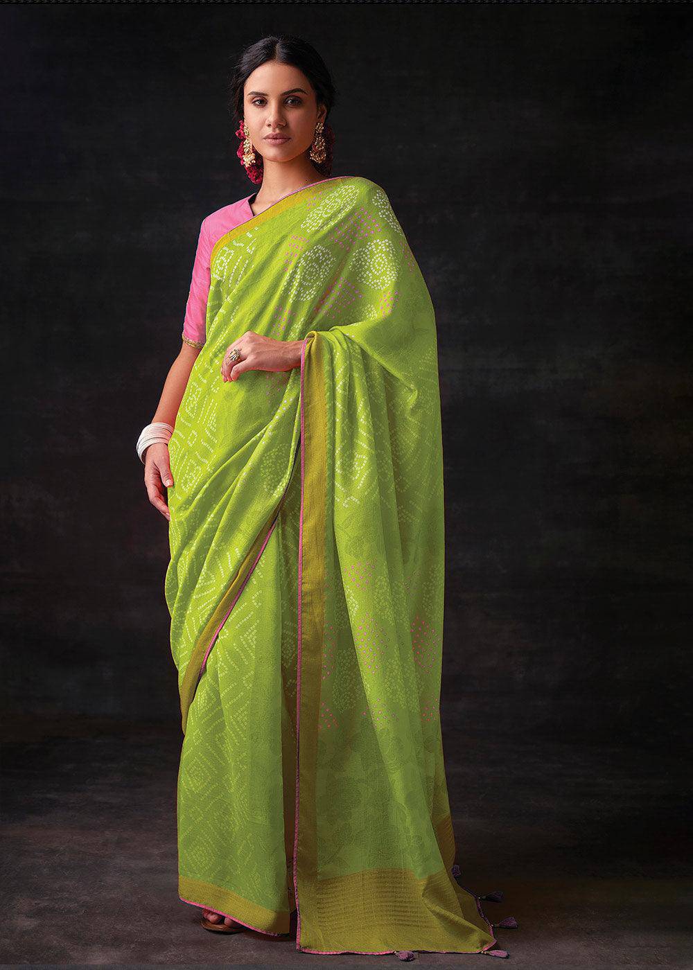 Chartreuse Green Bandhani Print Soft Silk Saree with Contrast Blouse | Stitched Blouse - qivii