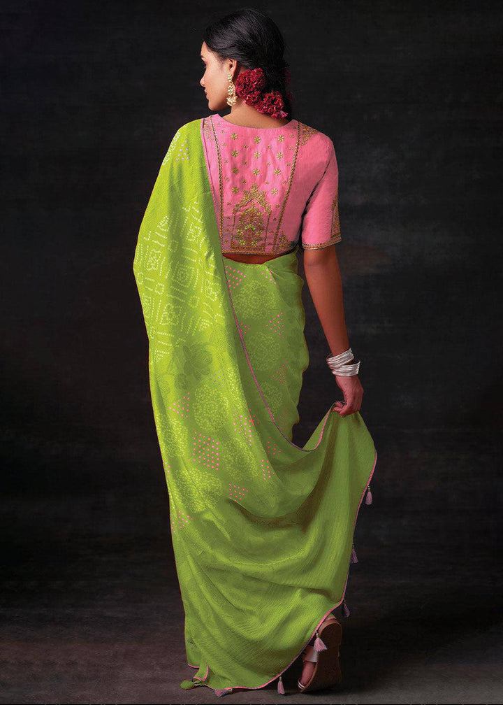 Chartreuse Green Bandhani Print Soft Silk Saree with Contrast Blouse | Stitched Blouse - qivii