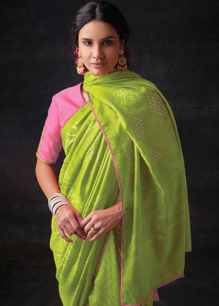 Chartreuse Green Bandhani Print Soft Silk Saree with Contrast Blouse | Stitched Blouse - qivii