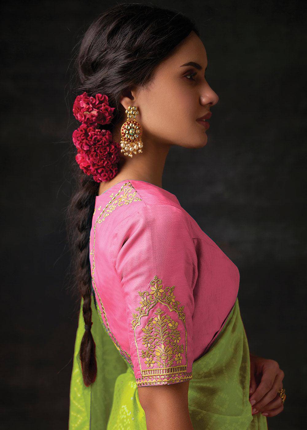 Chartreuse Green Bandhani Print Soft Silk Saree with Contrast Blouse | Stitched Blouse - qivii