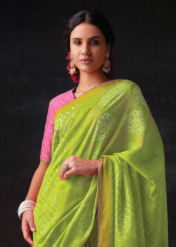 Chartreuse Green Bandhani Print Soft Silk Saree with Contrast Blouse | Stitched Blouse - qivii