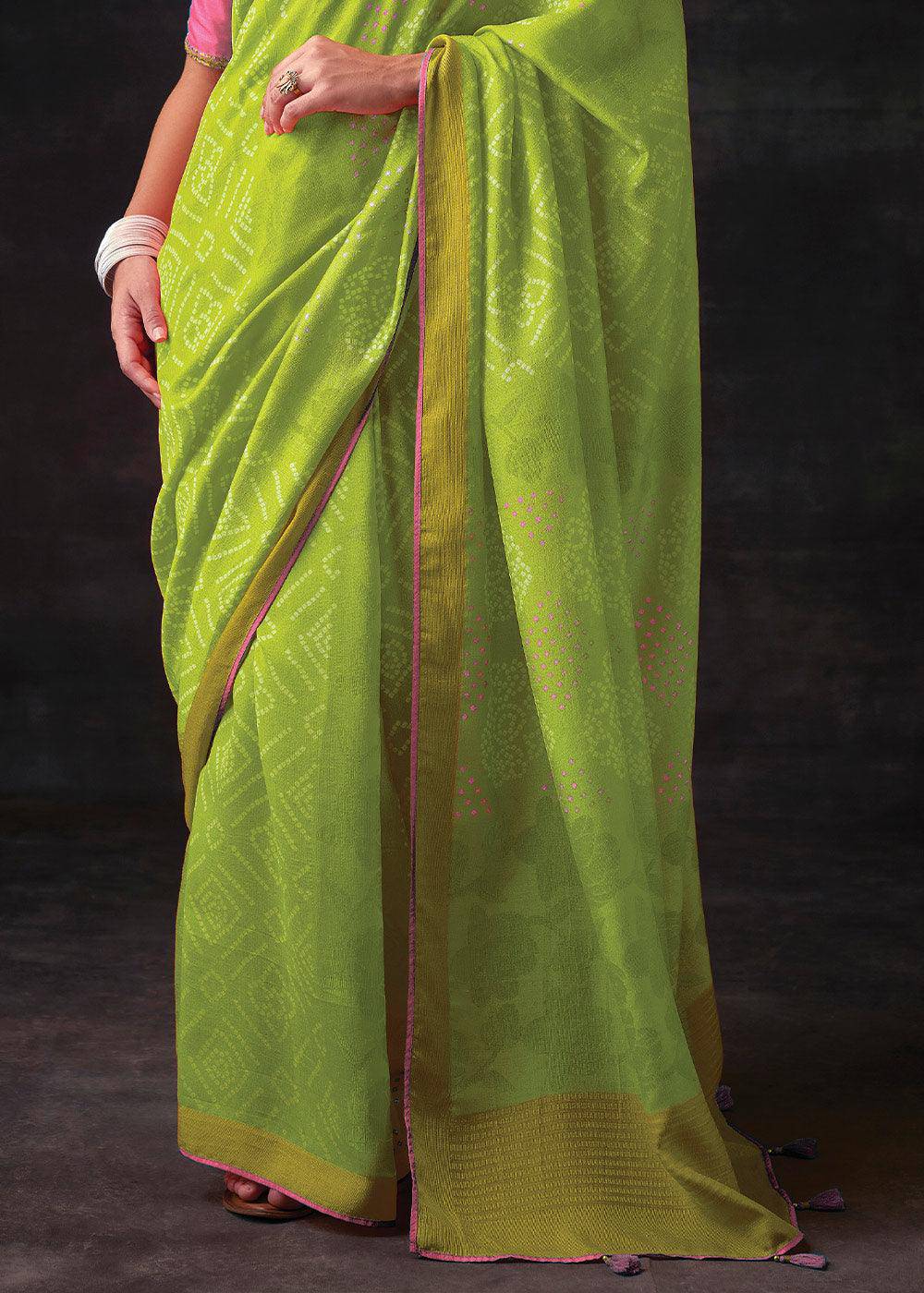 Chartreuse Green Bandhani Print Soft Silk Saree with Contrast Blouse | Stitched Blouse - qivii