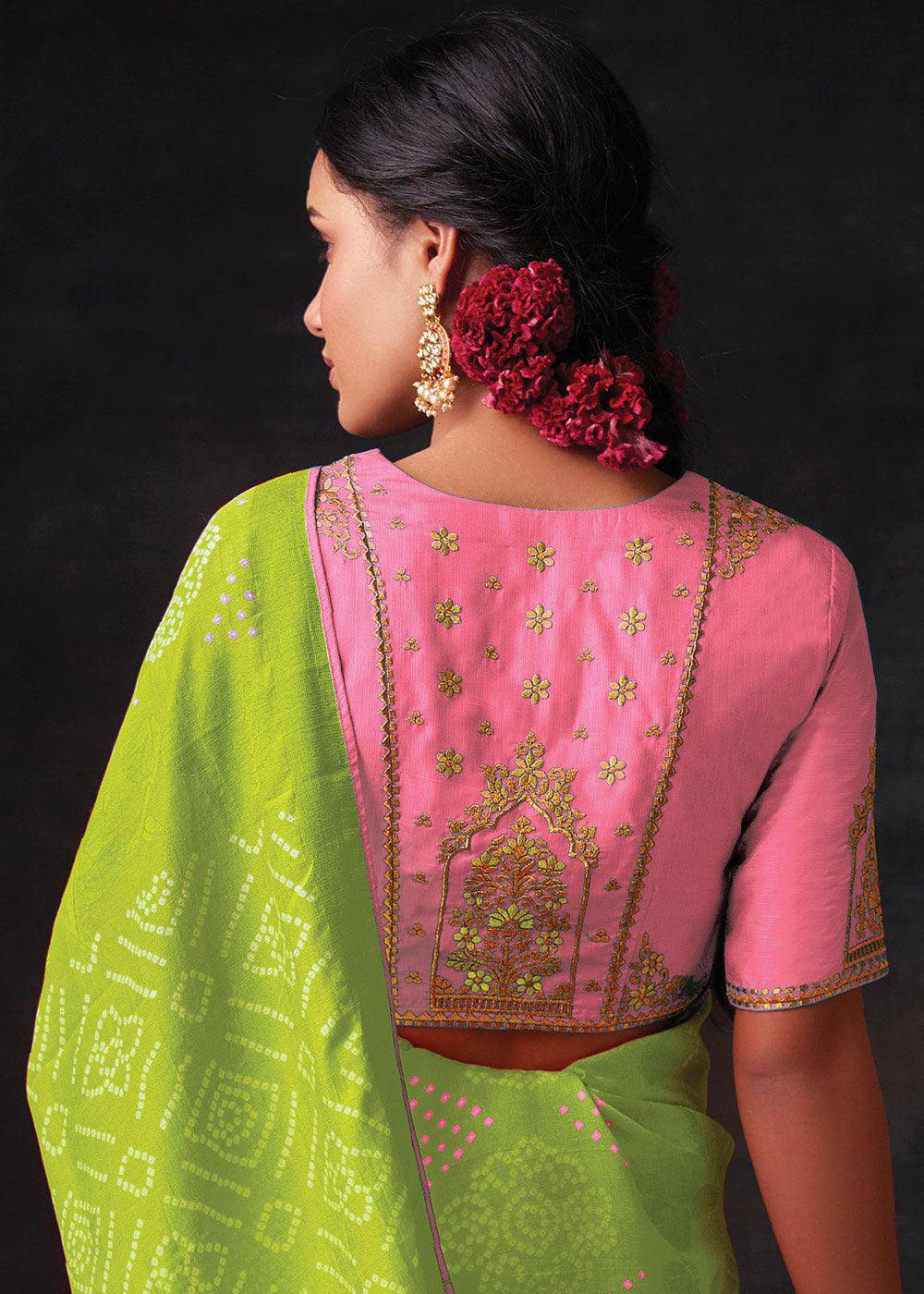 Chartreuse Green Bandhani Print Soft Silk Saree with Contrast Blouse | Stitched Blouse - qivii