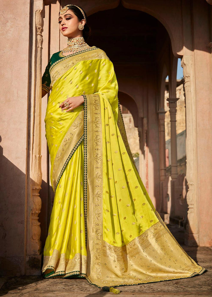 Chartreuse Green Woven Banarasi Silk Saree with Embroidered Blouse | Stitched Blouse - qivii