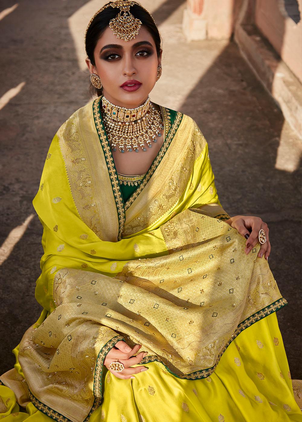 Chartreuse Green Woven Banarasi Silk Saree with Embroidered Blouse | Stitched Blouse - qivii