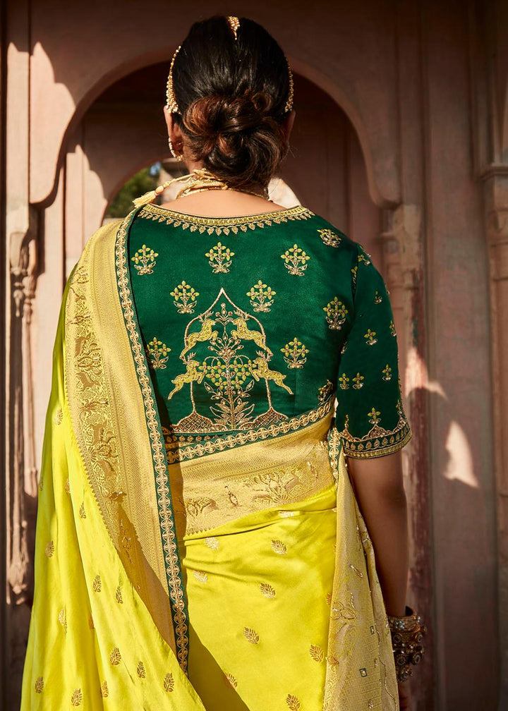 Chartreuse Green Woven Banarasi Silk Saree with Embroidered Blouse | Stitched Blouse - qivii