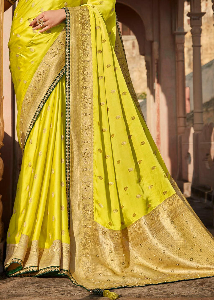 Chartreuse Green Woven Banarasi Silk Saree with Embroidered Blouse | Stitched Blouse - qivii