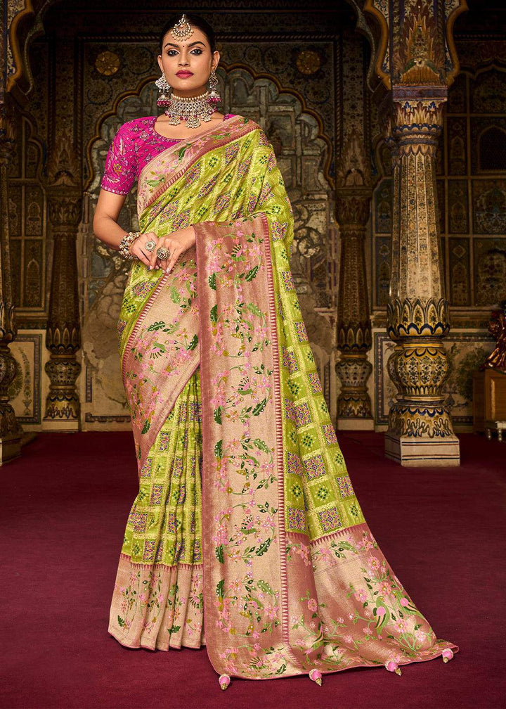 Chartreuse Green Woven Patola Printed Dola Silk Saree with Heavy Embroidered Blouse | Stitched Blouse - qivii