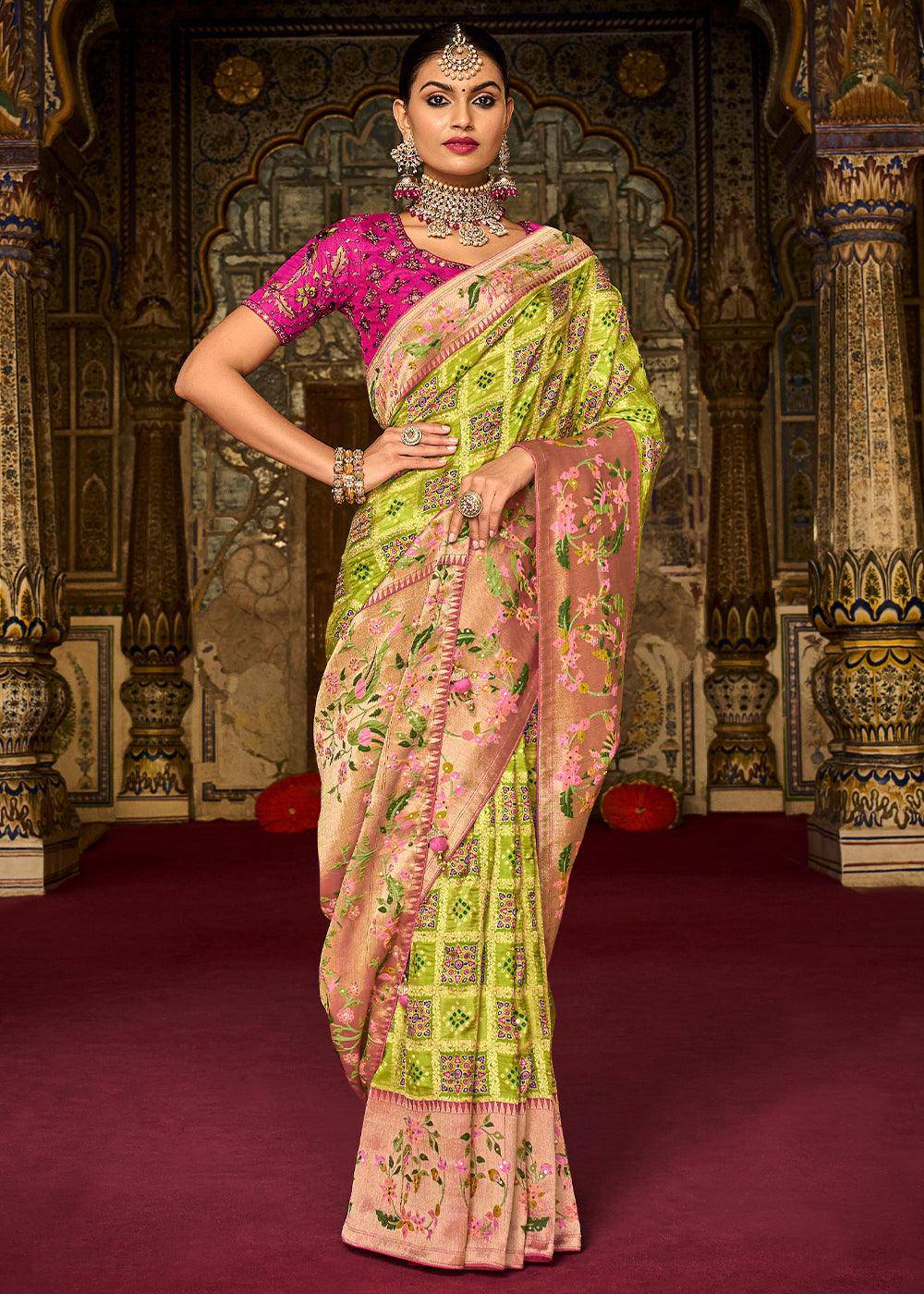 Chartreuse Green Woven Patola Printed Dola Silk Saree with Heavy Embroidered Blouse | Stitched Blouse - qivii