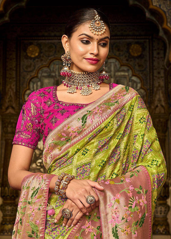 Chartreuse Green Woven Patola Printed Dola Silk Saree with Heavy Embroidered Blouse | Stitched Blouse - qivii