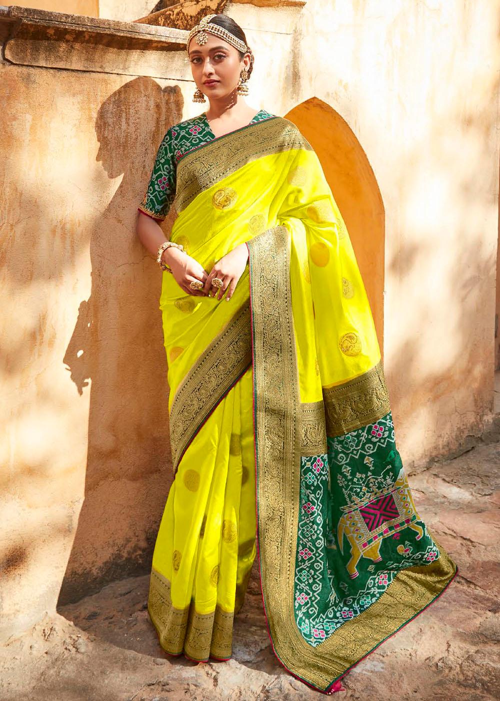 Chartreuse Yellow Woven Banarasi Patola Silk Saree with Embroidered Blouse | Stitched Blouse - qivii