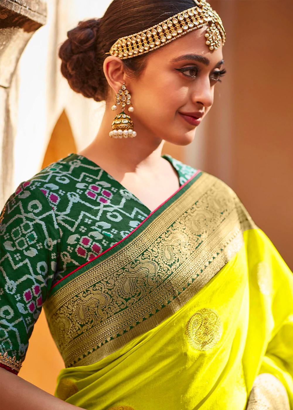 Chartreuse Yellow Woven Banarasi Patola Silk Saree with Embroidered Blouse | Stitched Blouse - qivii