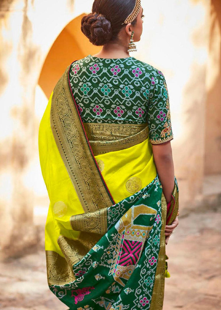 Chartreuse Yellow Woven Banarasi Patola Silk Saree with Embroidered Blouse | Stitched Blouse - qivii