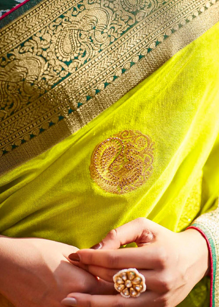 Chartreuse Yellow Woven Banarasi Patola Silk Saree with Embroidered Blouse | Stitched Blouse - qivii