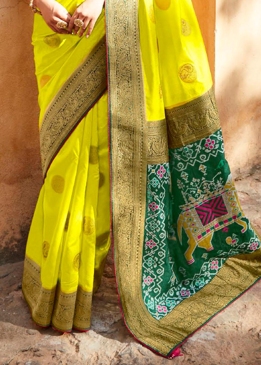 Chartreuse Yellow Woven Banarasi Patola Silk Saree with Embroidered Blouse | Stitched Blouse - qivii