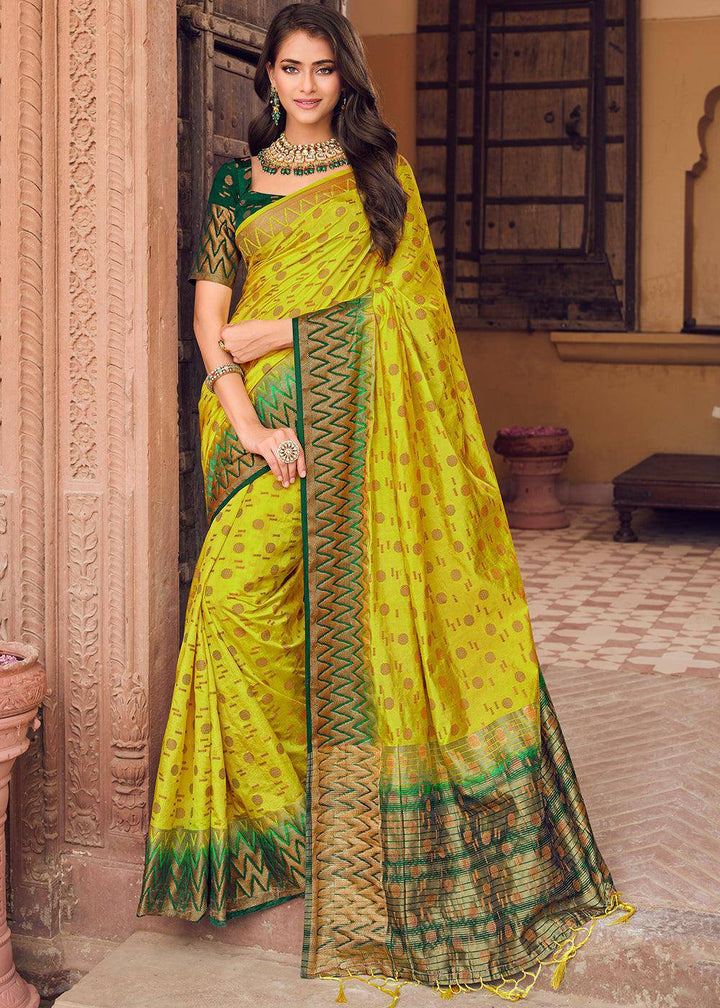 Chartreuse Yellow Zari Butta Woven Raw Banarasi Silk Saree | Stitched Blouse - qivii