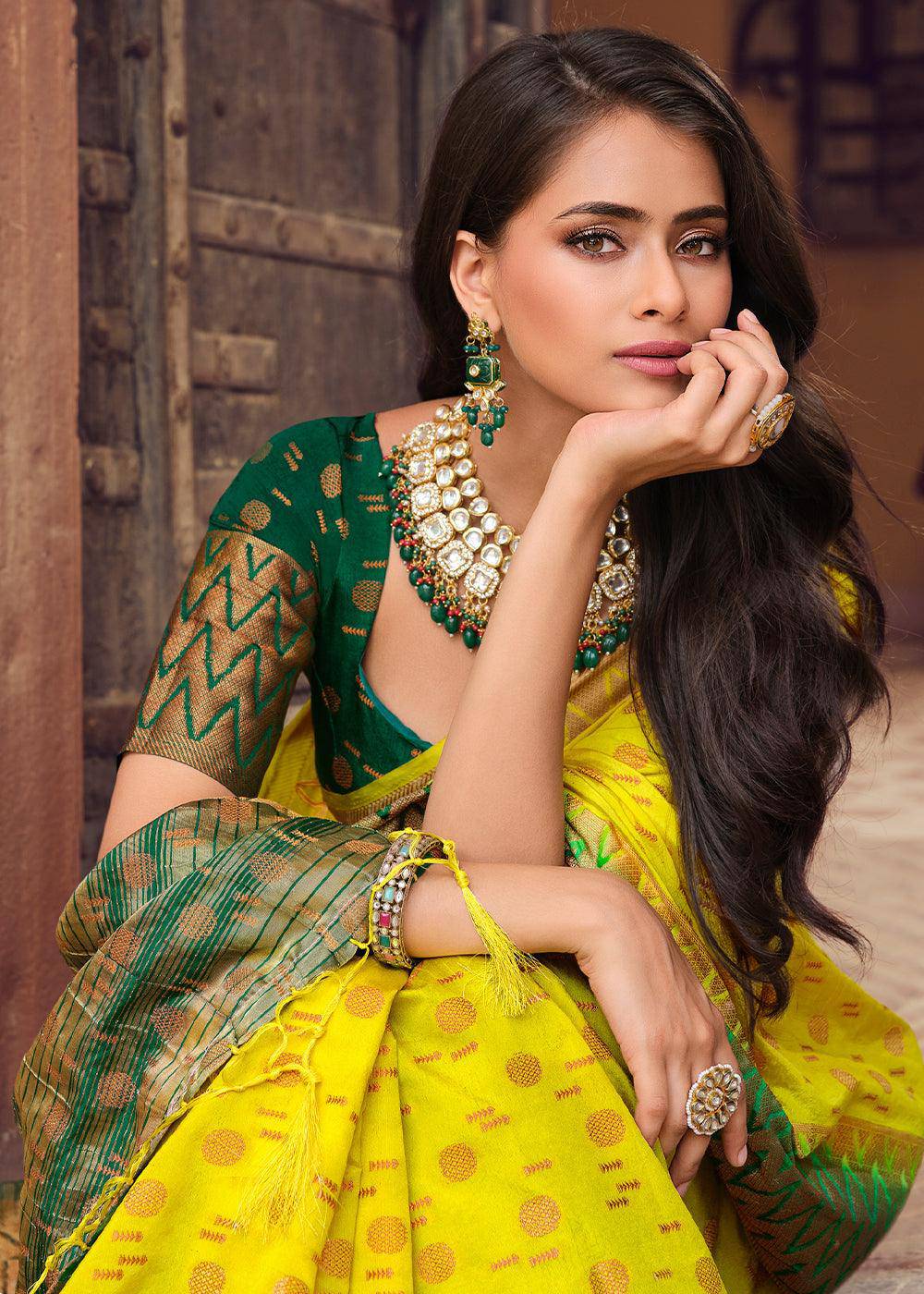 Chartreuse Yellow Zari Butta Woven Raw Banarasi Silk Saree | Stitched Blouse - qivii