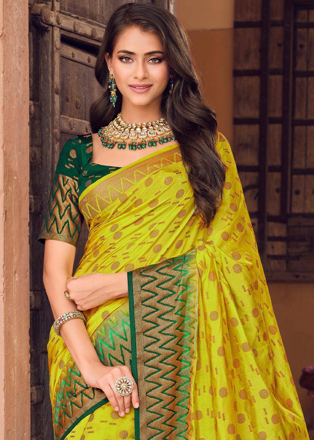 Chartreuse Yellow Zari Butta Woven Raw Banarasi Silk Saree | Stitched Blouse - qivii