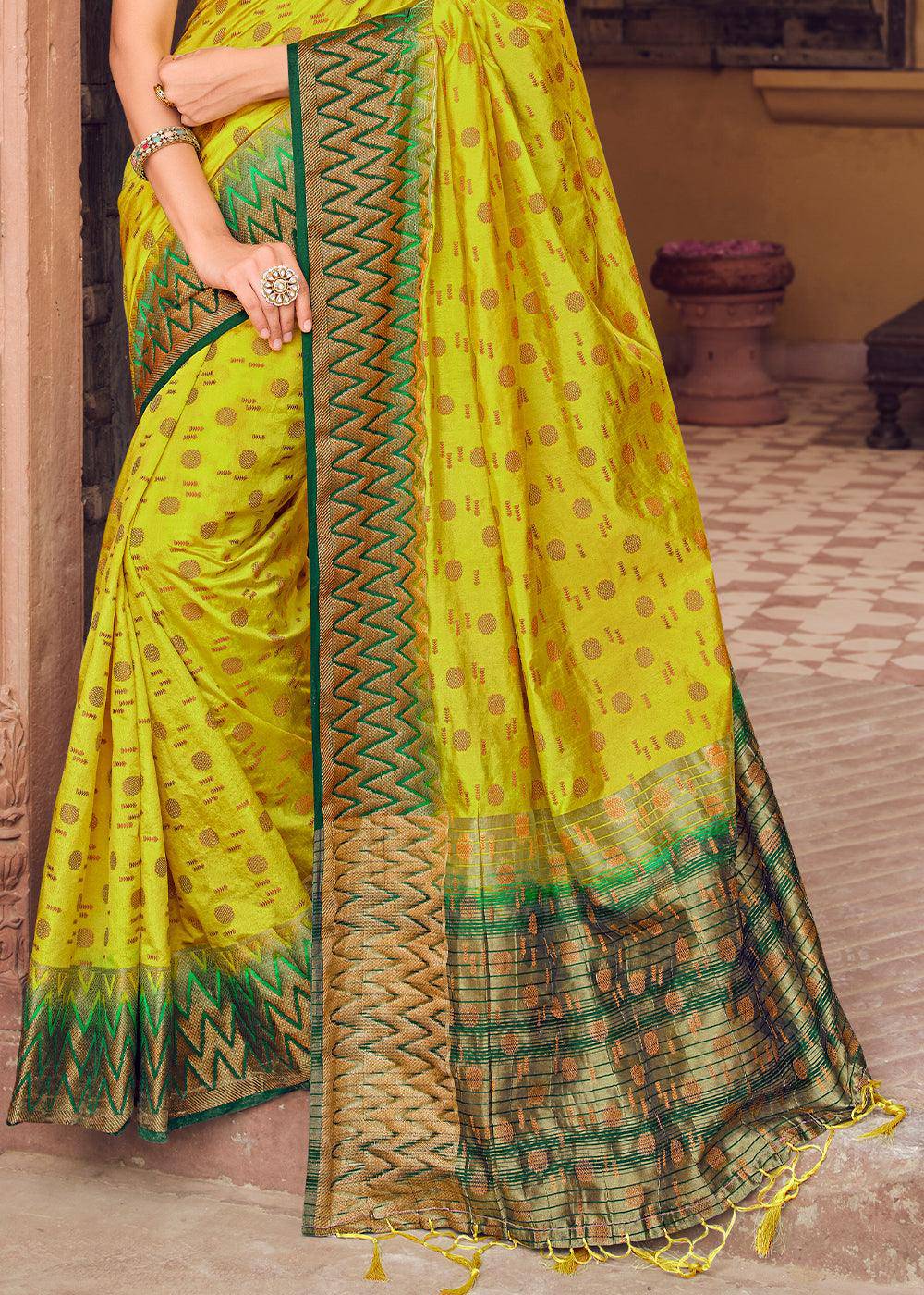 Chartreuse Yellow Zari Butta Woven Raw Banarasi Silk Saree | Stitched Blouse - qivii