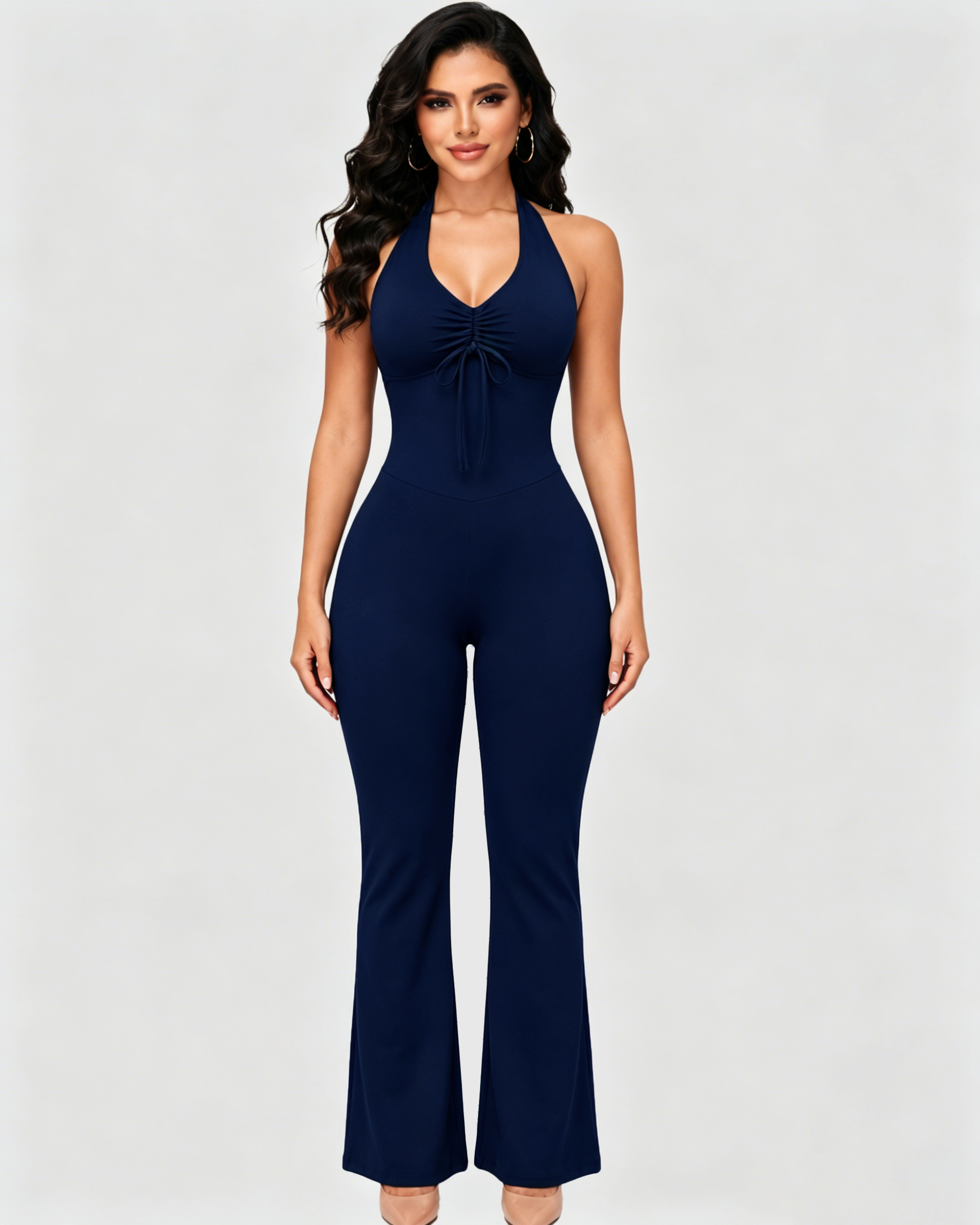 Front Drawstring Halter Mesh Back Flare Leg Jumpsuit  - By Qivii