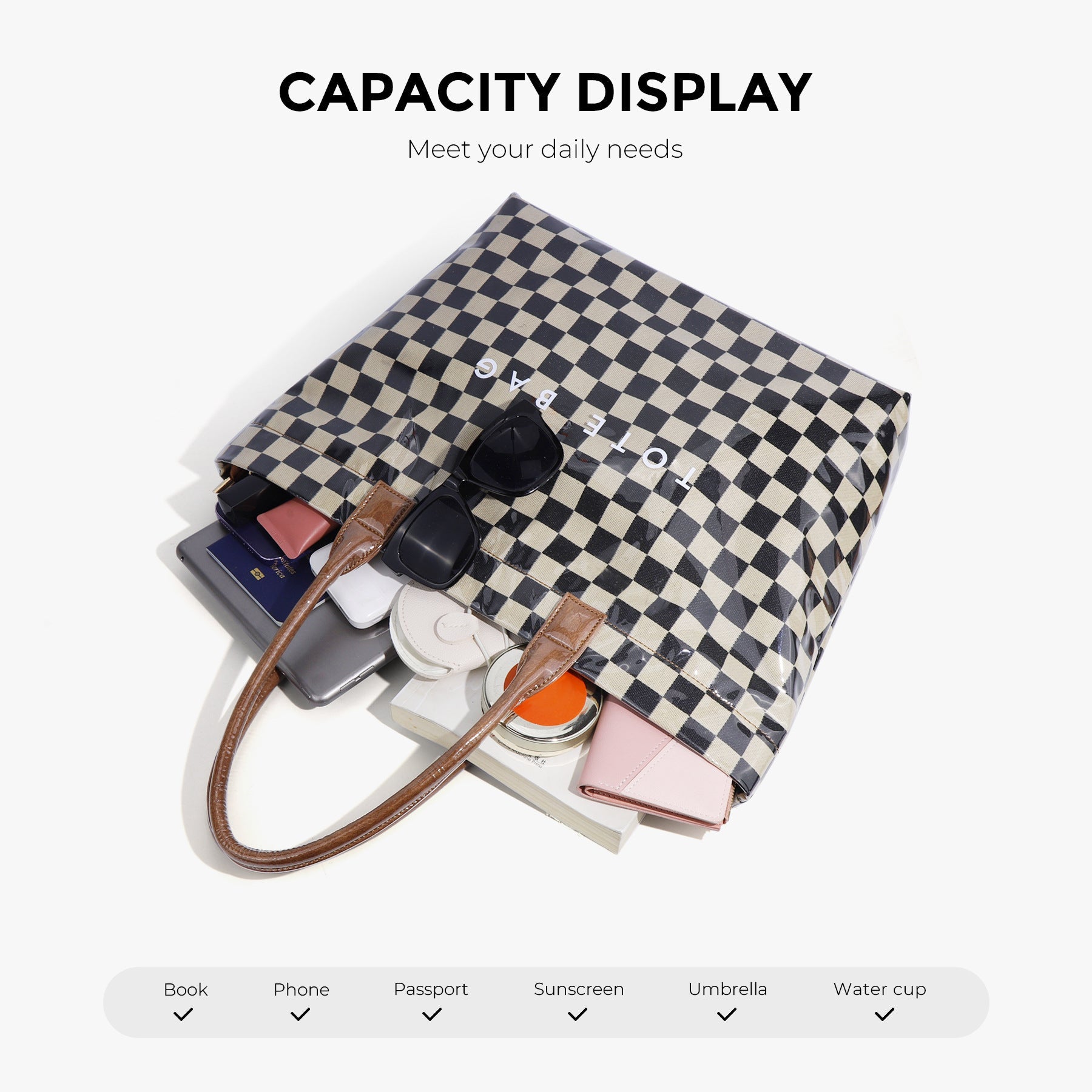 Ounamei Large Capacity PVC Checkered Tote Bag for Women | Waterproof Canvas Work Tote Fits 15.6-Inch Laptop