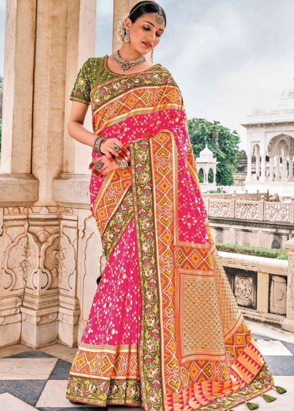 Cherry Pink Bandhej Patola Silk Saree with Embroidered Blouse | Stitched Blouse - qivii