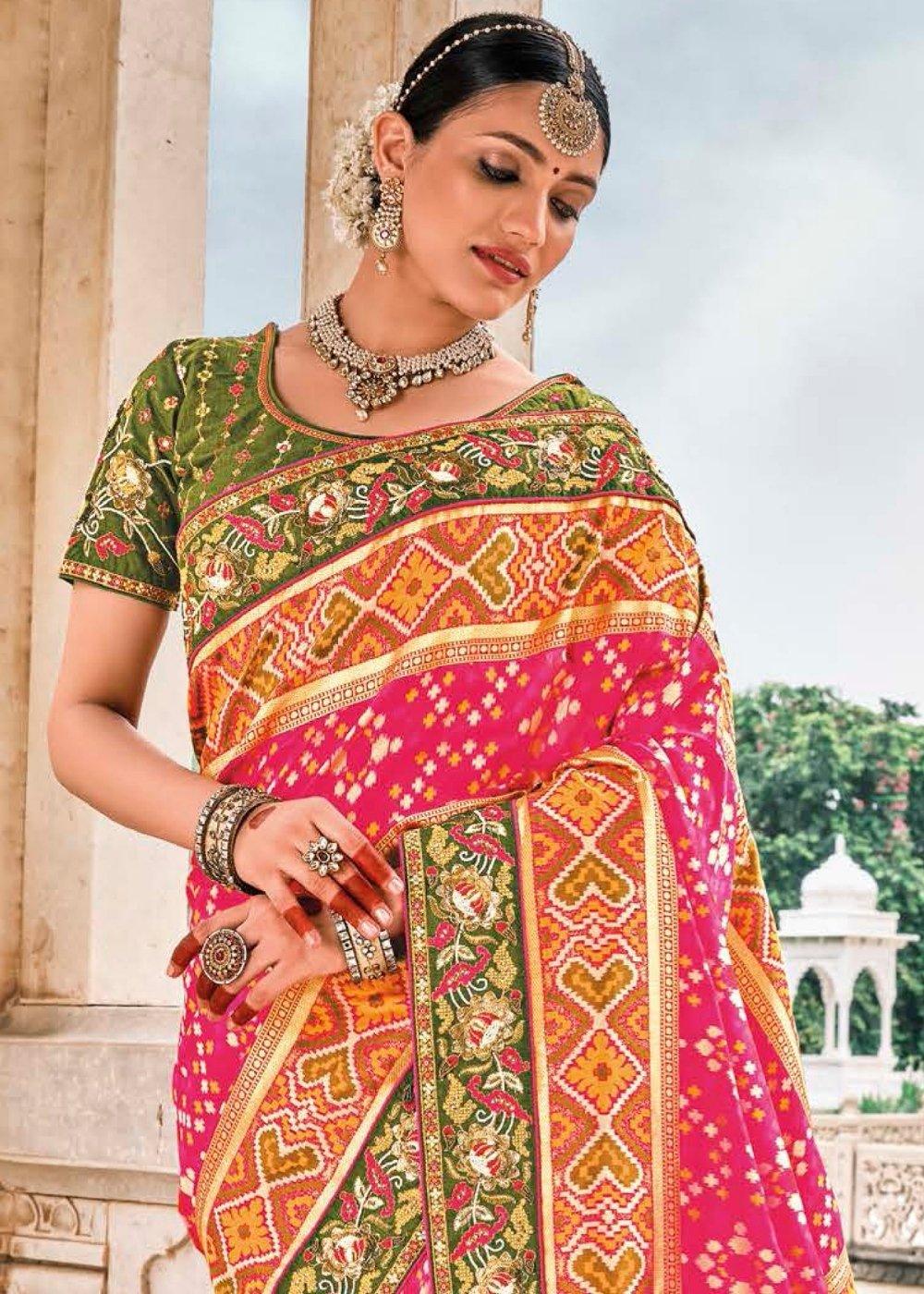 Cherry Pink Bandhej Patola Silk Saree with Embroidered Blouse | Stitched Blouse - qivii