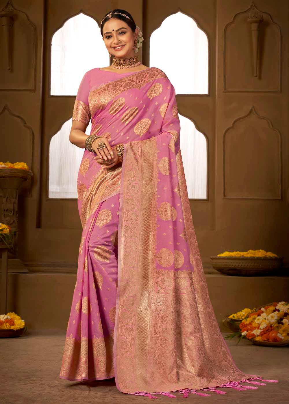 Cherry Pink Woven Cotton Silk Saree | Stitched Blouse - qivii