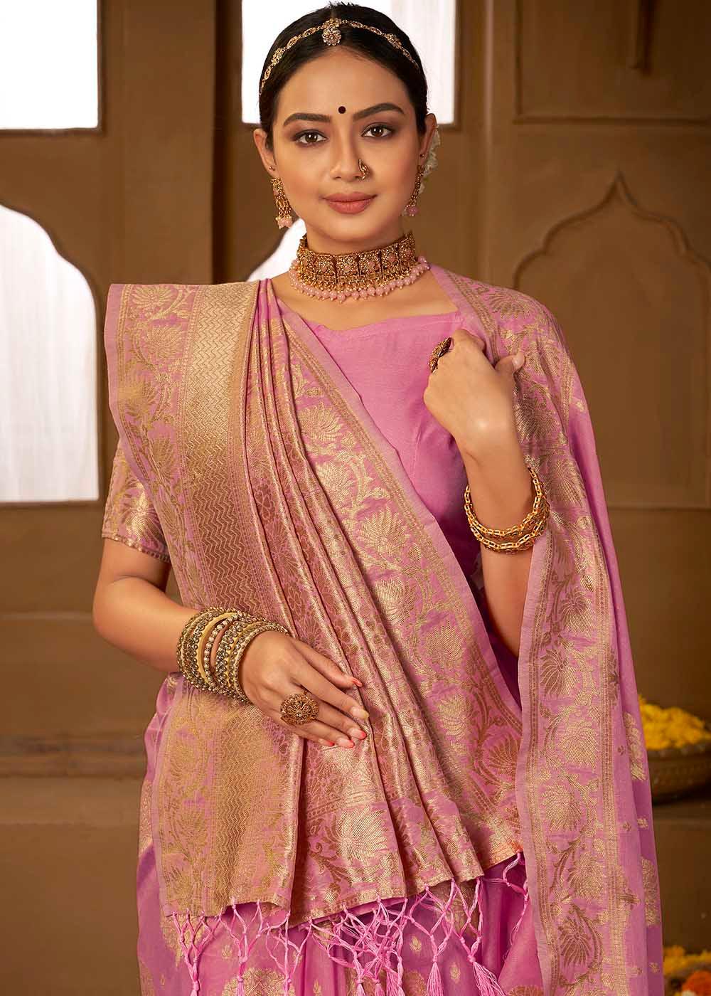 Cherry Pink Woven Cotton Silk Saree | Stitched Blouse - qivii