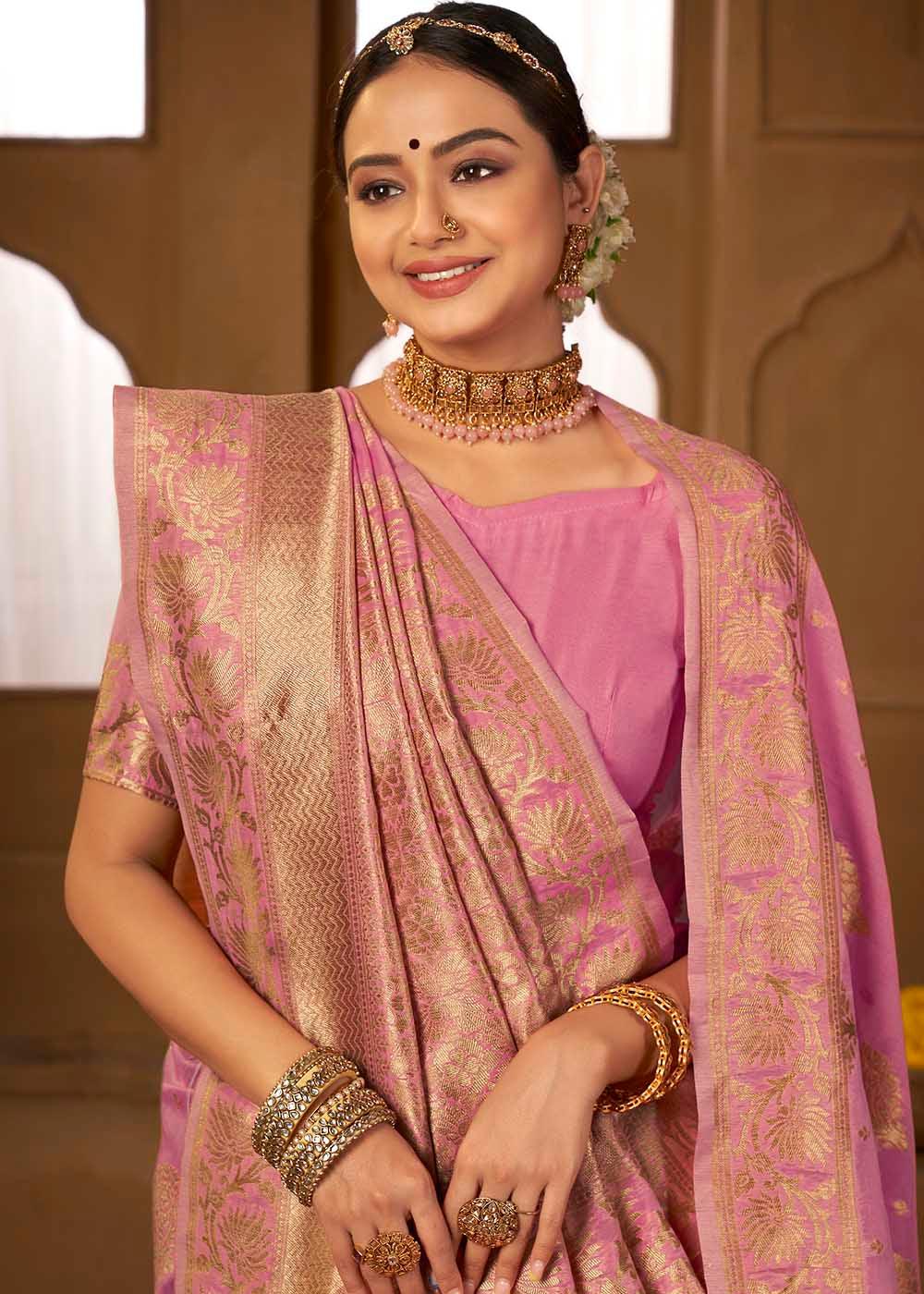 Cherry Pink Woven Cotton Silk Saree | Stitched Blouse - qivii